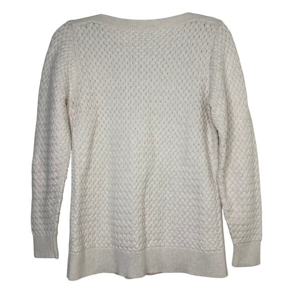 Md LL Bean Ivory Basket Weave Cotton Fisherman Sweater Boat Neck Nautical Preppy - Picture 3 of 6